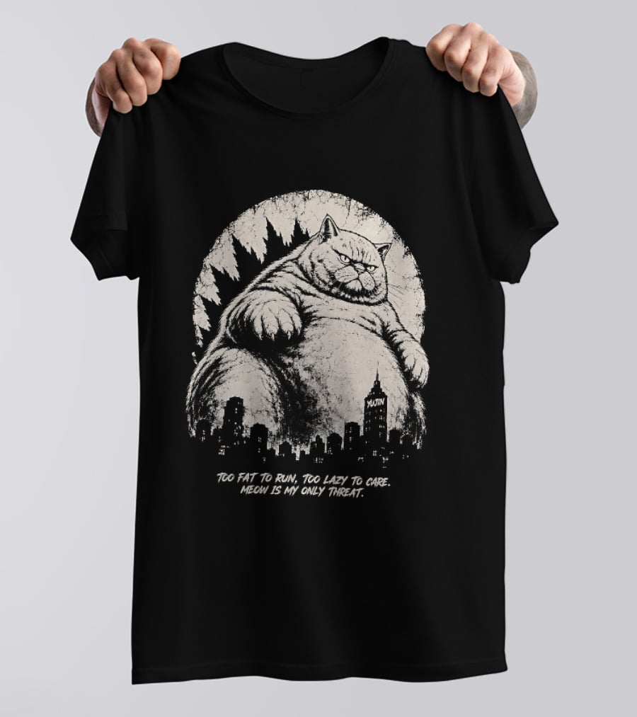 Too Fat To Run Too Lazy To Care Meow Is My Only Threat Cat With City Skyline T-Shirt