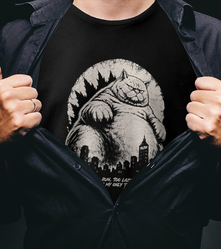 Too Fat To Run Too Lazy To Care Meow Is My Only Threat Cat With City Skyline T-Shirt