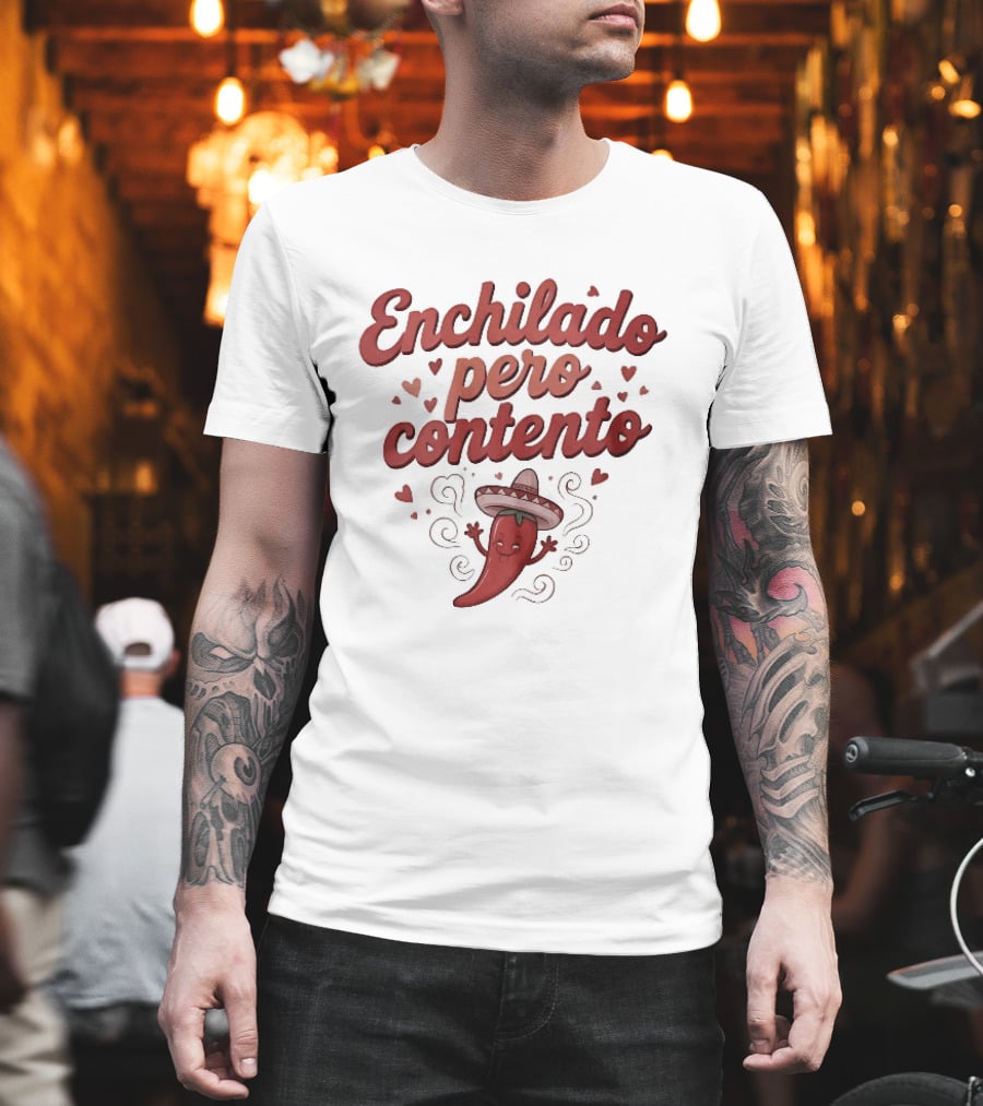 Enchilado Pero Contento Sombrero Chili Pepper Cartoon Hearts T-Shirt