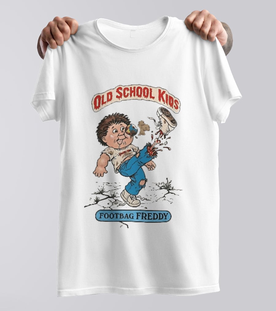 Old School Kids Footbag Freddy Cartoon Caricature Boy Kicking Shoe T-Shirt