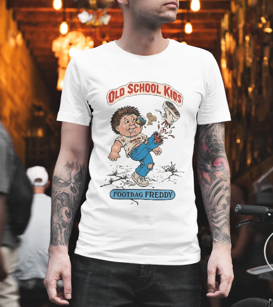 Old School Kids Footbag Freddy Cartoon Caricature Boy Kicking Shoe T-Shirt