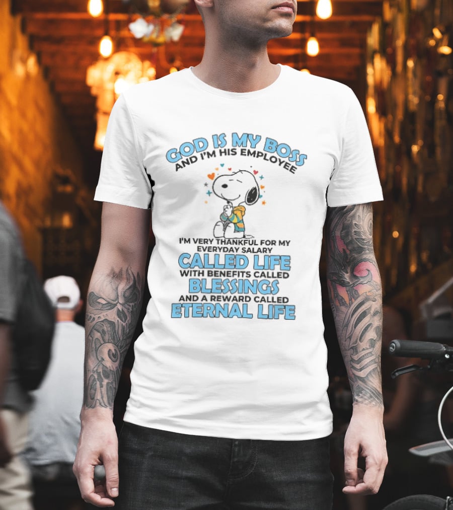 God Is My Boss Employee Everyday Salary Called Life Benefits Blessings Eternal Cartoon Dog Praying T-Shirt