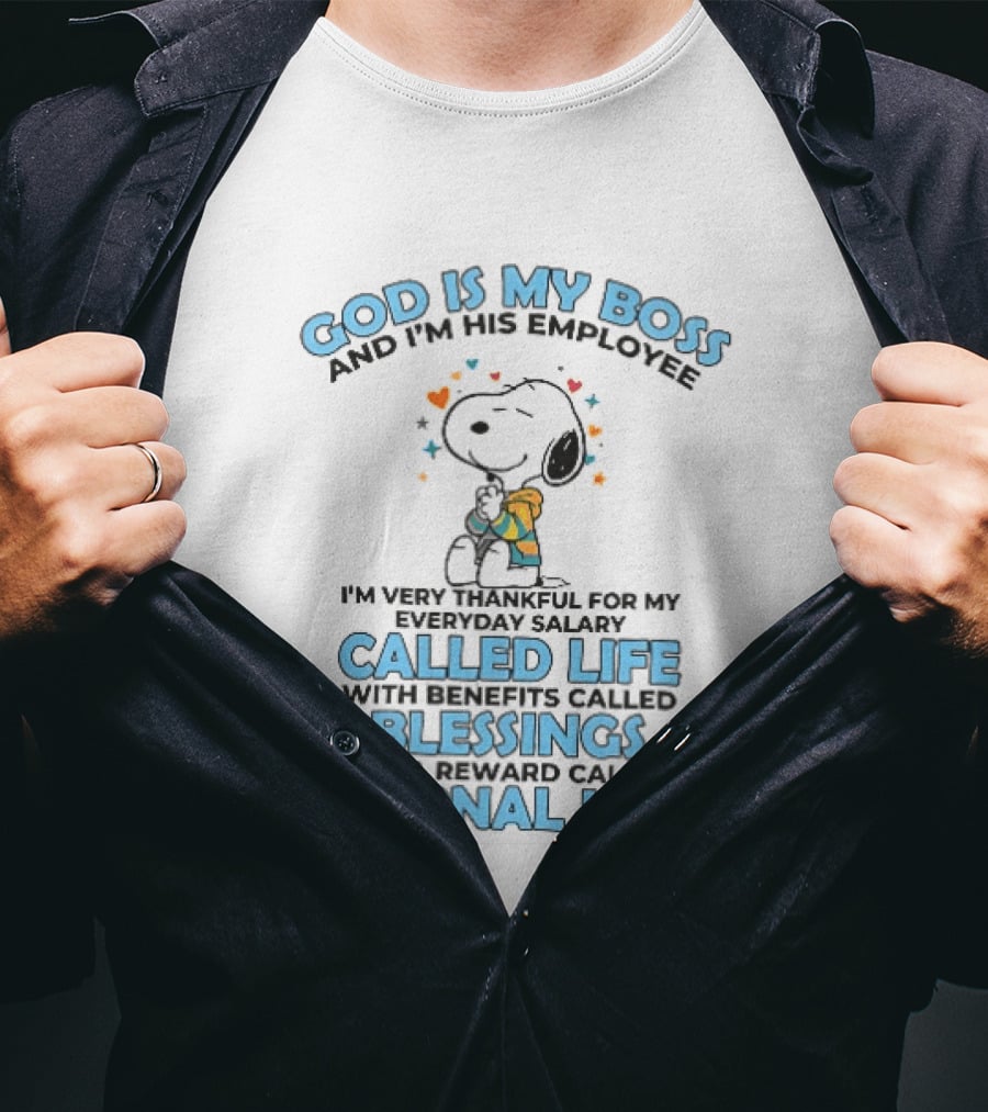 God Is My Boss Employee Everyday Salary Called Life Benefits Blessings Eternal Cartoon Dog Praying T-Shirt
