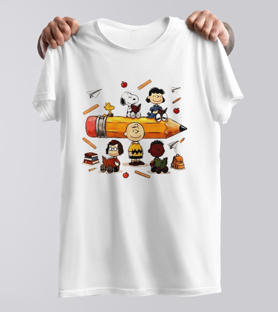 Charlie's Giant Pencil Peanuts Cartoon School Supplies Snoopy Woodstock T-Shirt