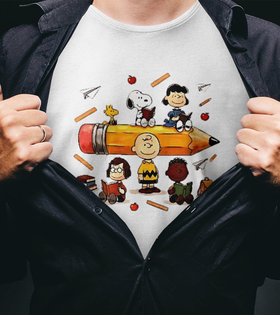 Charlie's Giant Pencil Peanuts Cartoon School Supplies Snoopy Woodstock T-Shirt