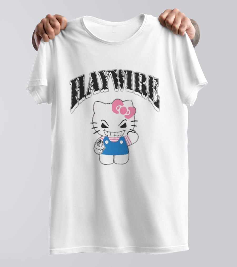 Haywire Hello Kitty Mischievous Grin Pink Bow Blue Overalls T-Shirt