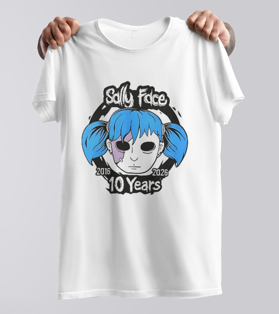 Sally Face 2016 2026 10 Years Cartoon Blue Hair Masked Character Anniversary T-Shirt