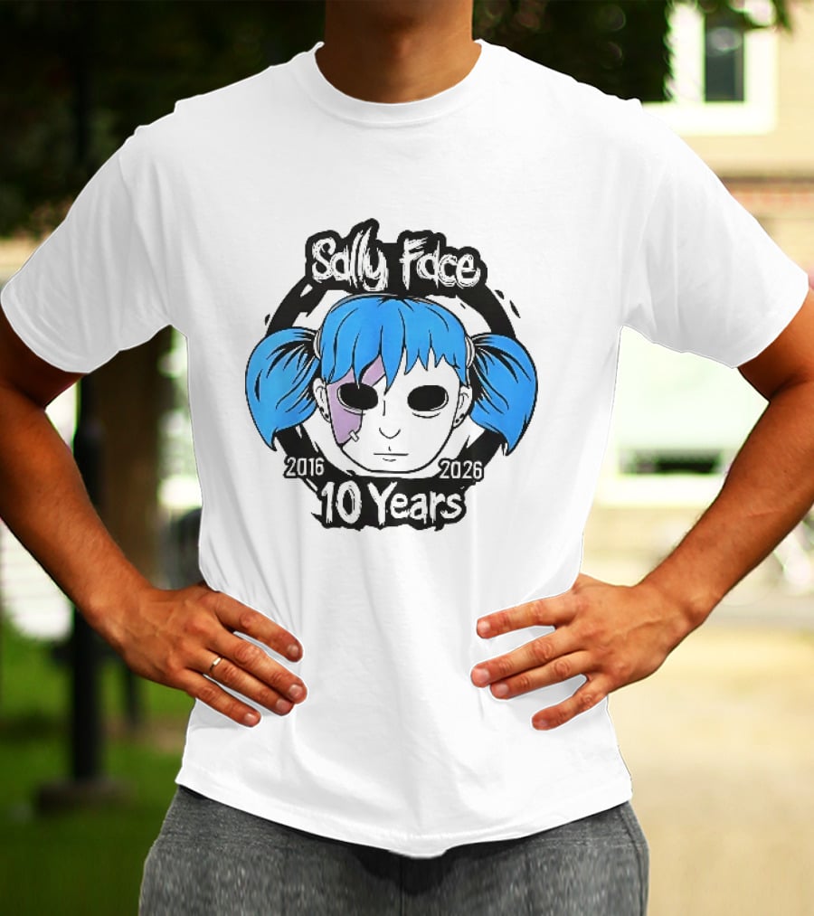 Sally Face 2016 2026 10 Years Cartoon Blue Hair Masked Character Anniversary T-Shirt