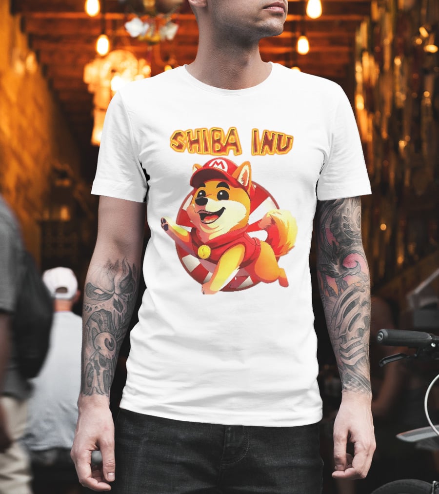 Shiba Inu Cartoon Dog Mario Red Cap Vest Running Striped T-Shirt