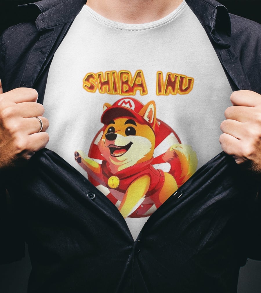 Shiba Inu Cartoon Dog Mario Red Cap Vest Running Striped T-Shirt