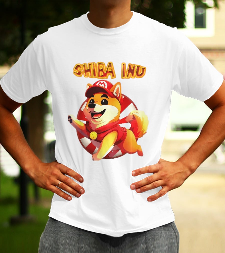 Shiba Inu Cartoon Dog Mario Red Cap Vest Running Striped T-Shirt