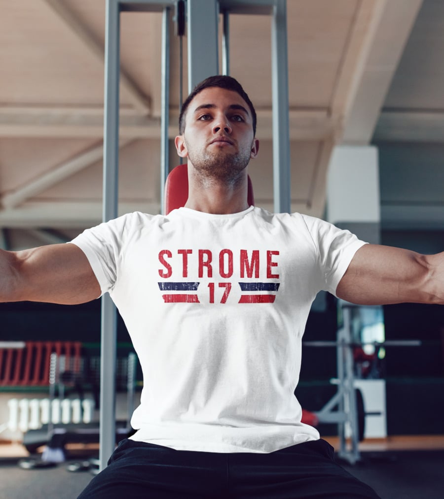 Strome 17 Red Navy Distressed Angled Bars Block Lettering T-Shirt