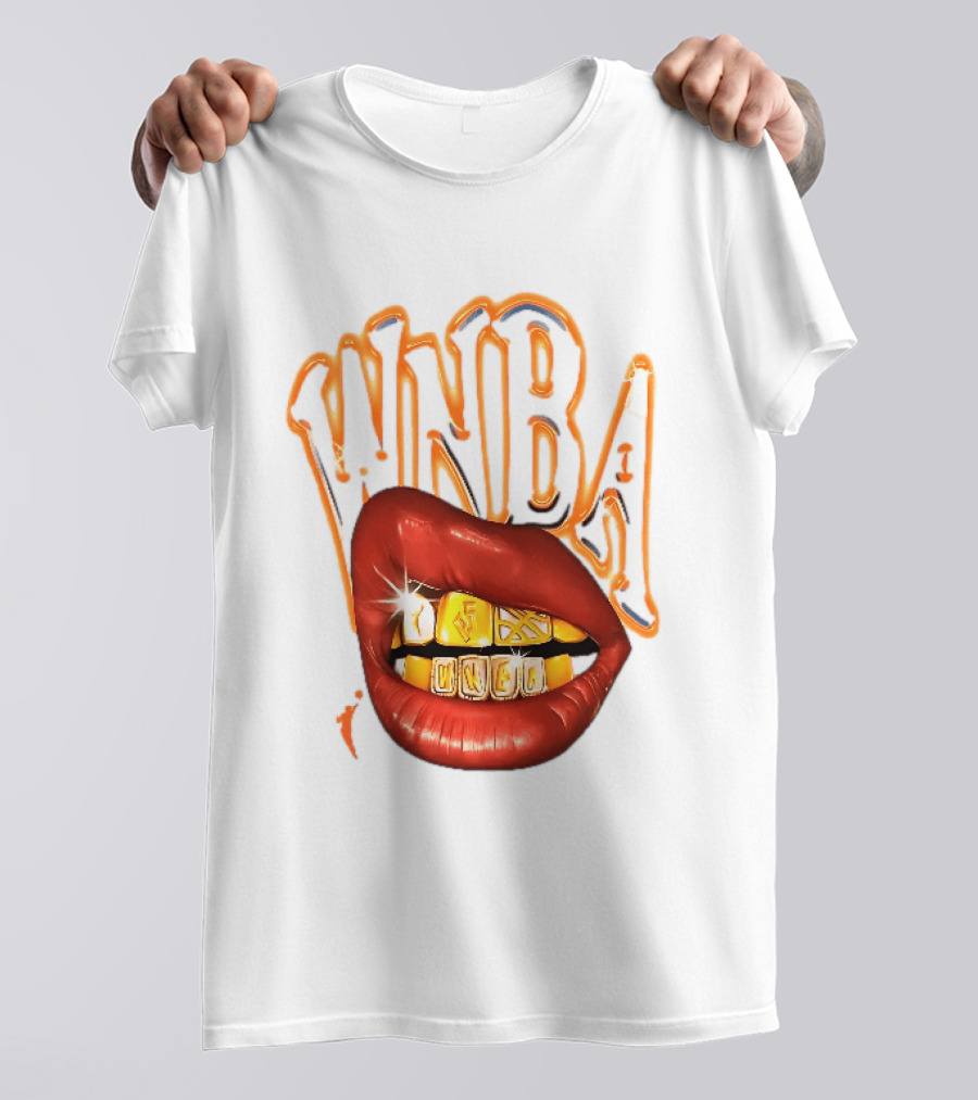 WNBA Red Lips Gold Teeth Grillz Glowing Chrome Lettering T-Shirt