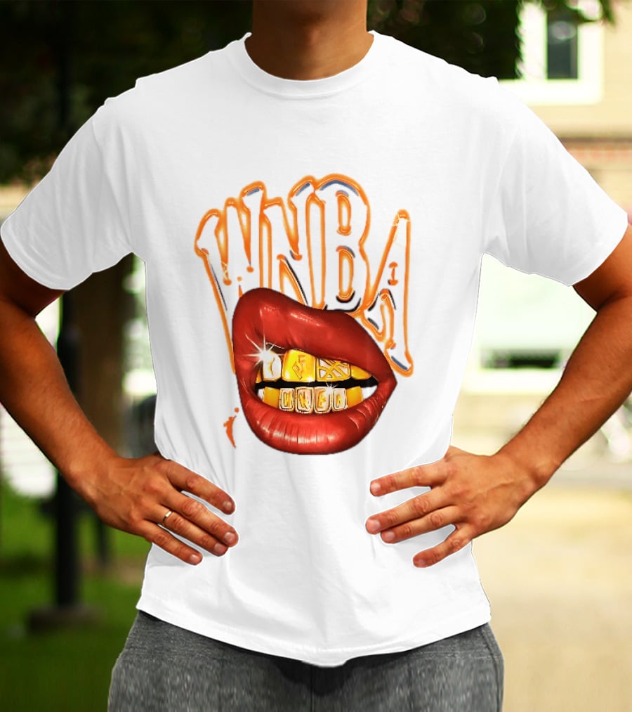 WNBA Red Lips Gold Teeth Grillz Glowing Chrome Lettering T-Shirt