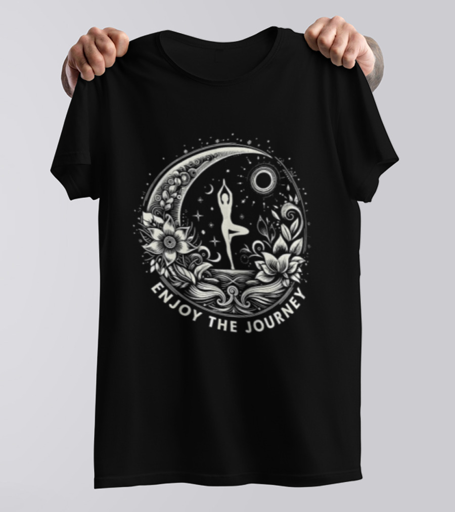 Enjoy The Journey Yoga Tree Pose Mandala Moon Sun Floral Surround T-Shirt