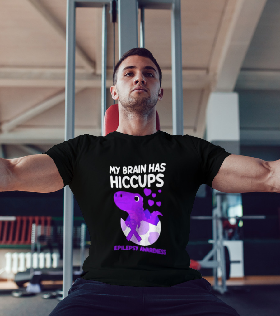 My Brain Has Hiccups Epilepsy Awareness Dinosaur Purple Ribbon Eggshell Hearts T-Shirt