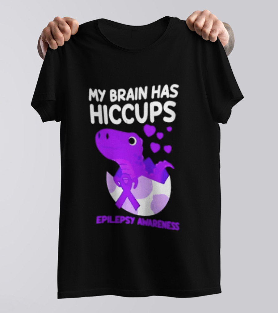 My Brain Has Hiccups Epilepsy Awareness Dinosaur Purple Ribbon Eggshell Hearts T-Shirt