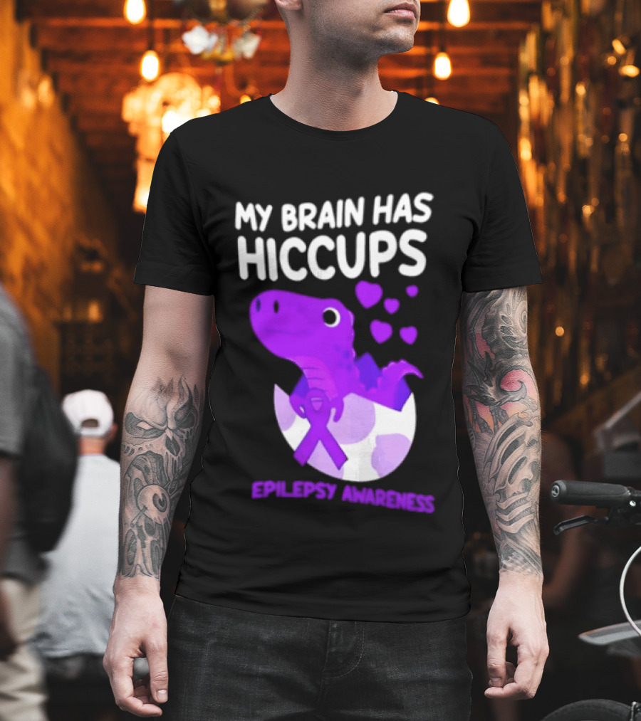 My Brain Has Hiccups Epilepsy Awareness Dinosaur Purple Ribbon Eggshell Hearts T-Shirt