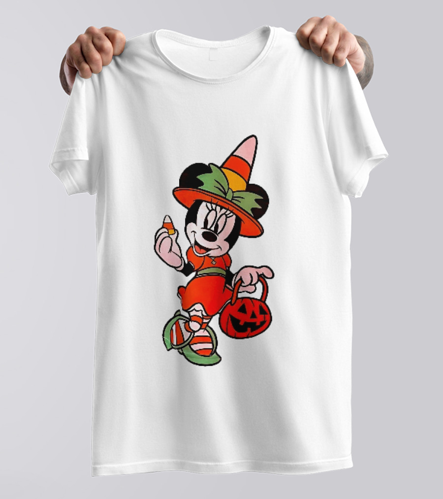 Disney Minnie Mouse Halloween Witch With Candy Corn And Pumpkin Bucket T-Shirt
