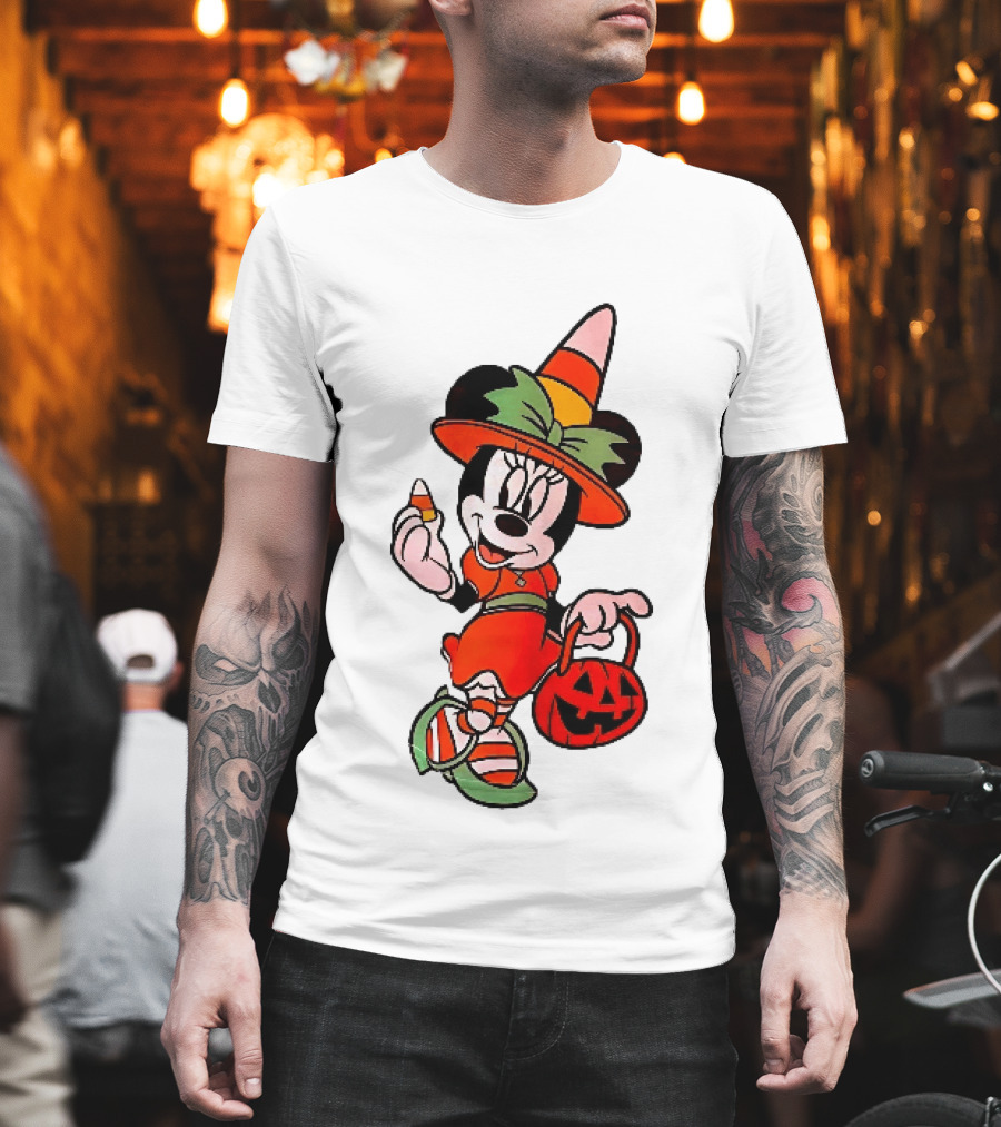 Disney Minnie Mouse Halloween Witch With Candy Corn And Pumpkin Bucket T-Shirt