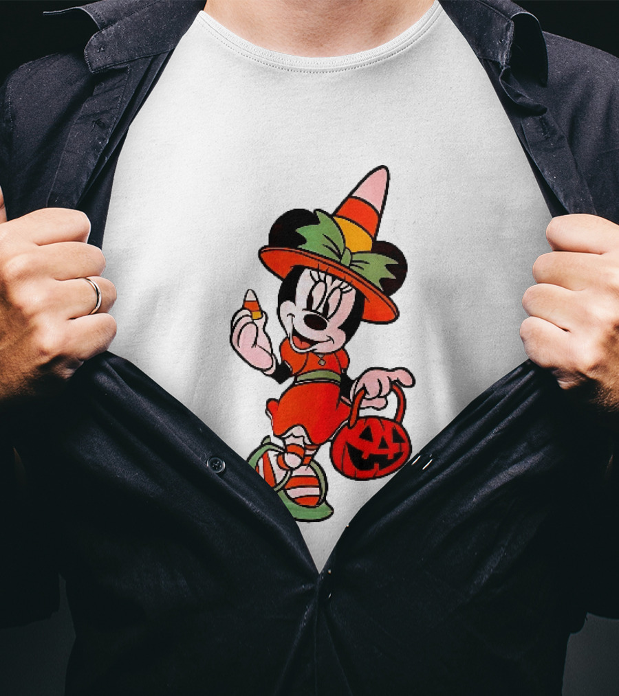 Disney Minnie Mouse Halloween Witch With Candy Corn And Pumpkin Bucket T-Shirt