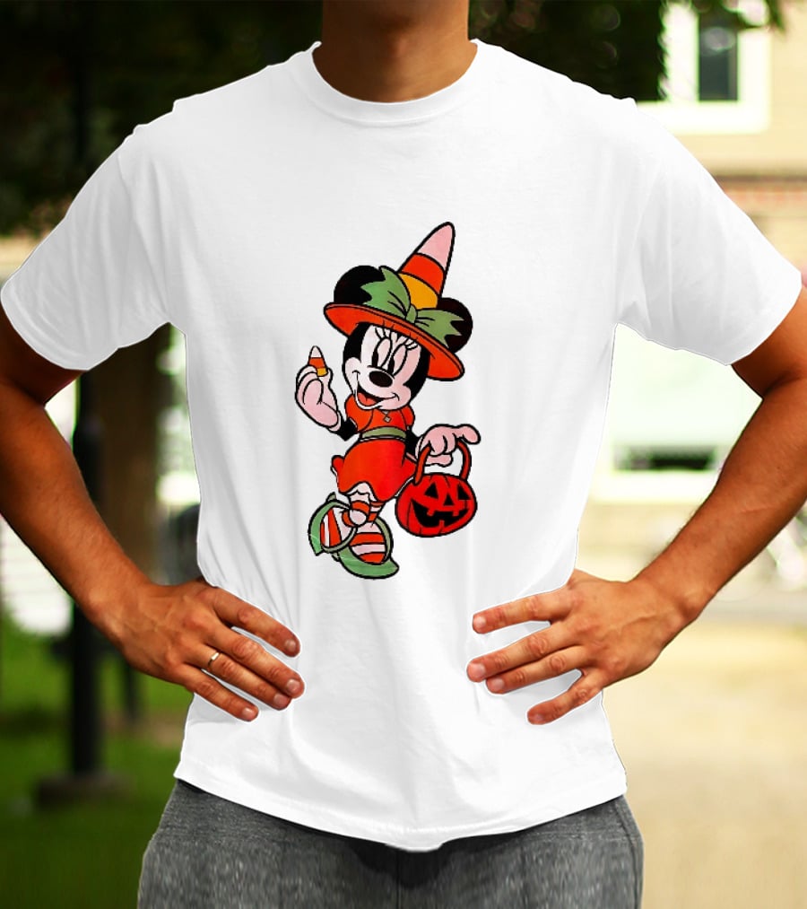 Disney Minnie Mouse Halloween Witch With Candy Corn And Pumpkin Bucket T-Shirt