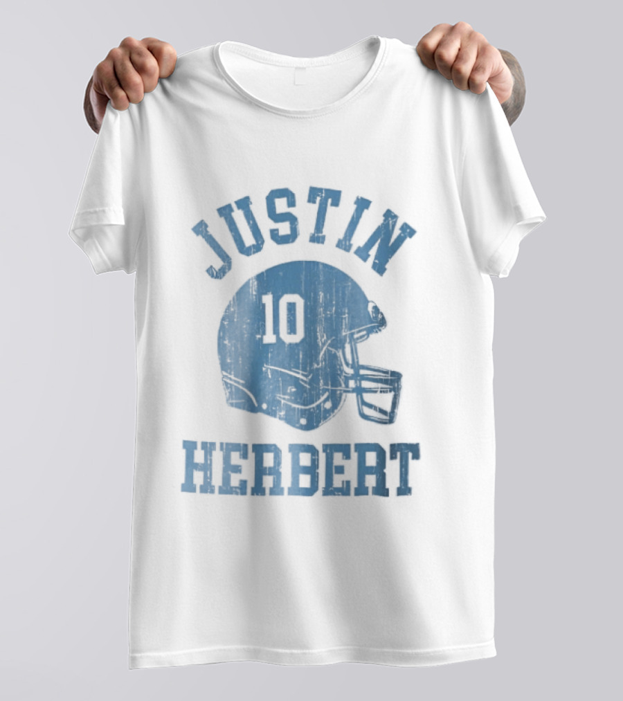 Justin Herbert Distressed Light Blue Football Helmet Number 10 T-Shirt