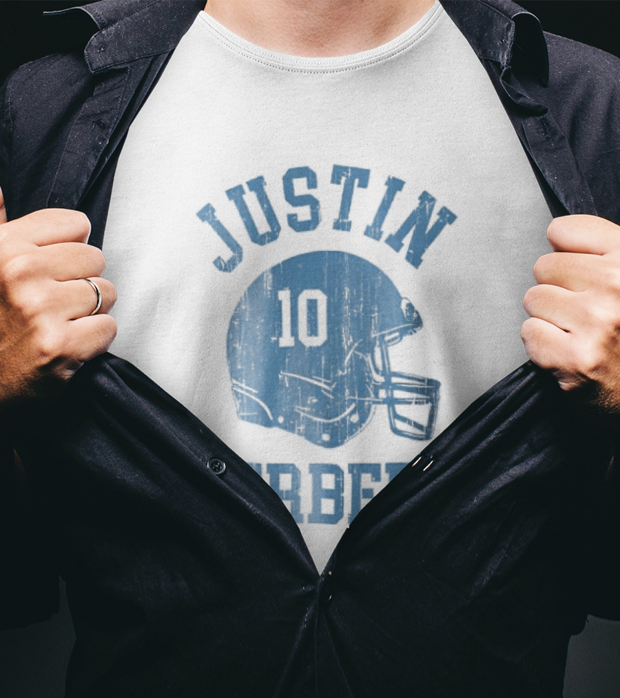 Justin Herbert Distressed Light Blue Football Helmet Number 10 T-Shirt