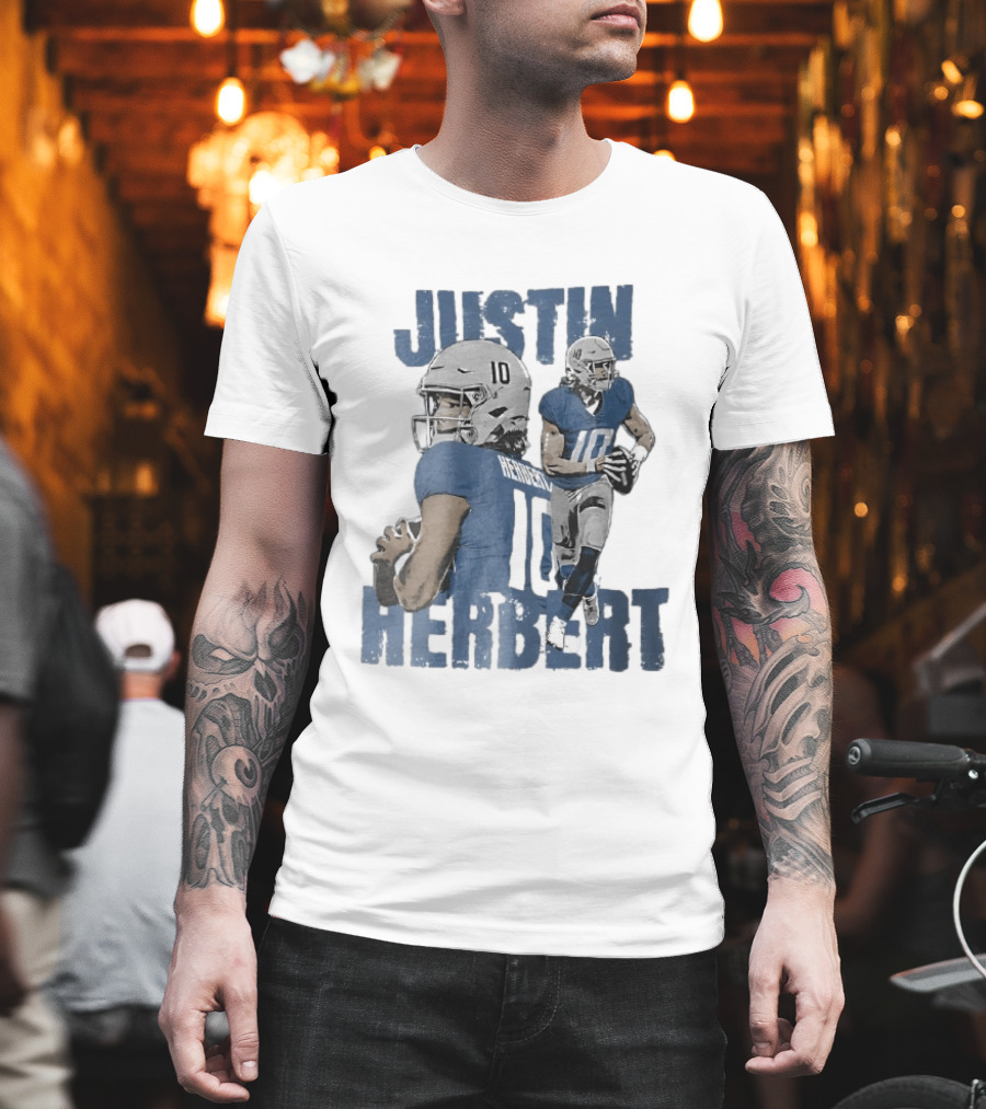 Justin Herbert Quarterback Action Photo Collage Blue Distressed T-Shirt