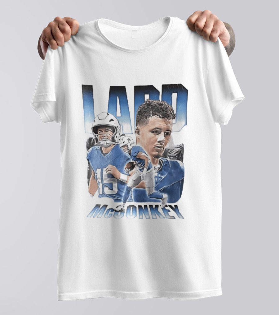 Ladd McConkey Number 15 Football Player Blue Jersey Collage T-Shirt