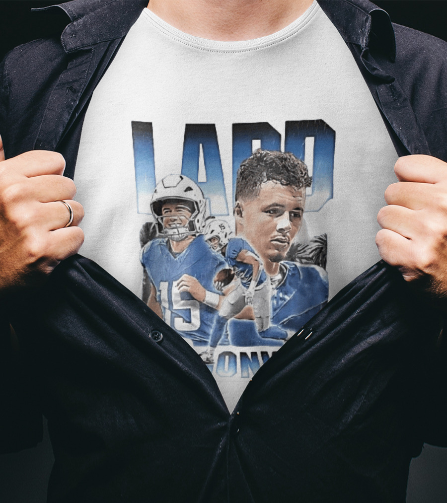 Ladd McConkey Number 15 Football Player Blue Jersey Collage T-Shirt