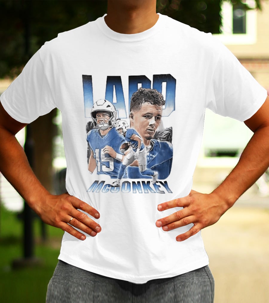 Ladd McConkey Number 15 Football Player Blue Jersey Collage T-Shirt