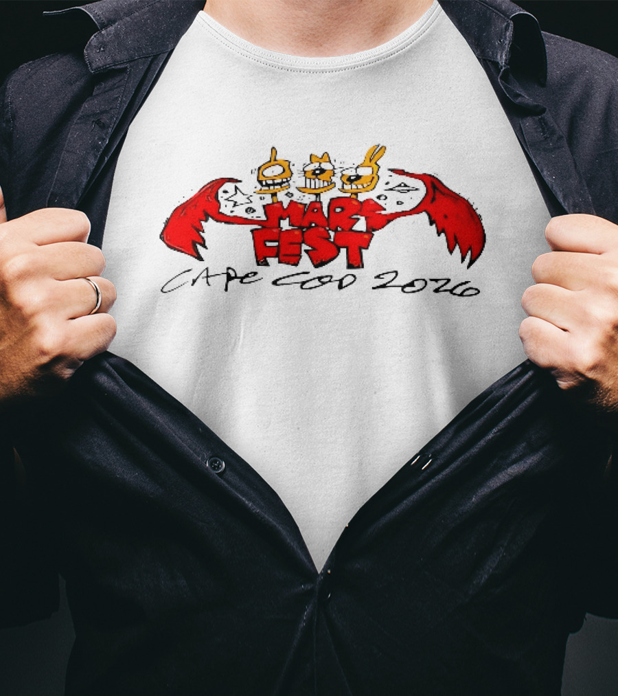 Mars Fest Cape Cod 2026 Cartoon Alien Creature Heads Red Wings Ufo Space T-Shirt