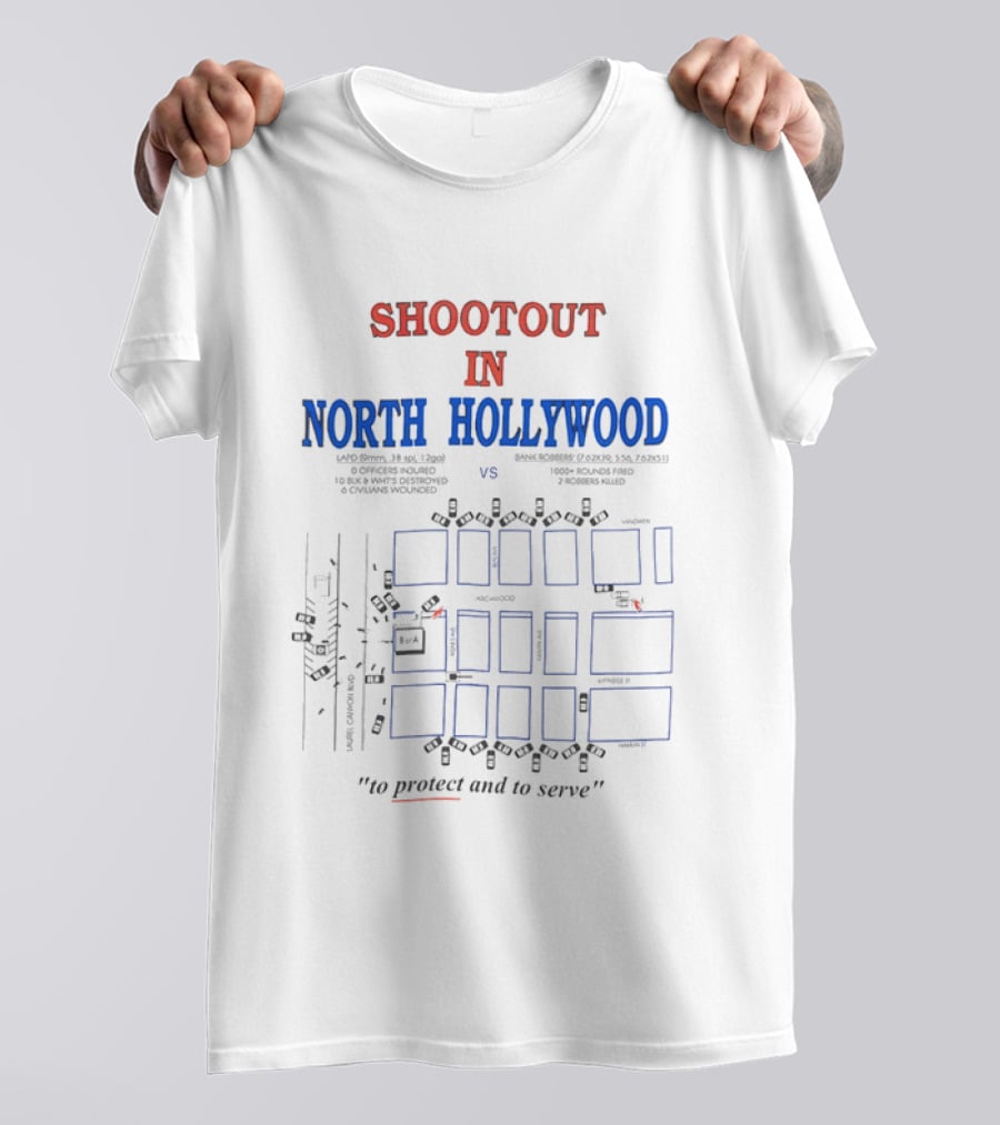Shootout In North Hollywood Map With LAPD And Bank Robbers Ammunition Details T-Shirt