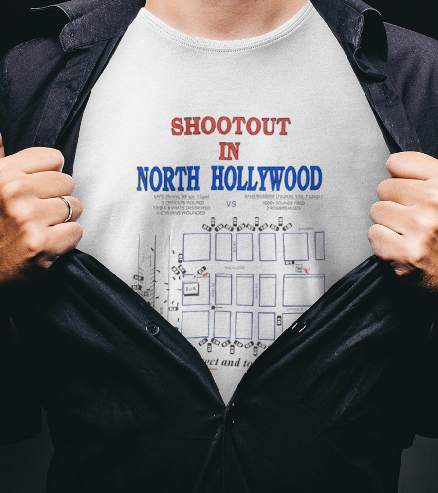 Shootout In North Hollywood Map With LAPD And Bank Robbers Ammunition Details T-Shirt
