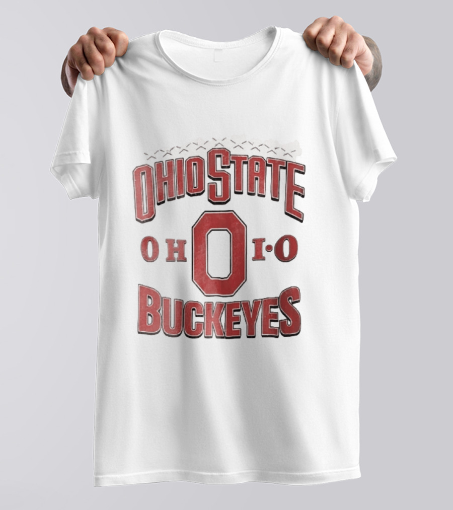 Ohio State Buckeyes NCAA Ohio Block Letter Red Football Laces Arch T-Shirt