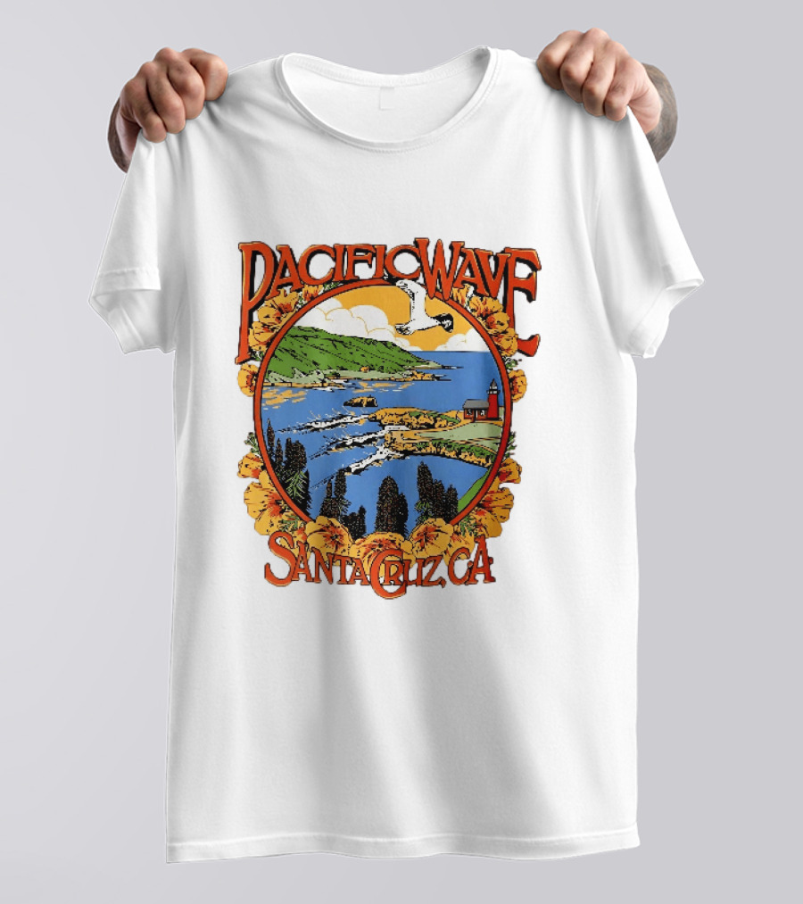 Pacific Wave Santa Cruz CA Coastal Lighthouse Ocean Seagull Flowers Scenic T-Shirt