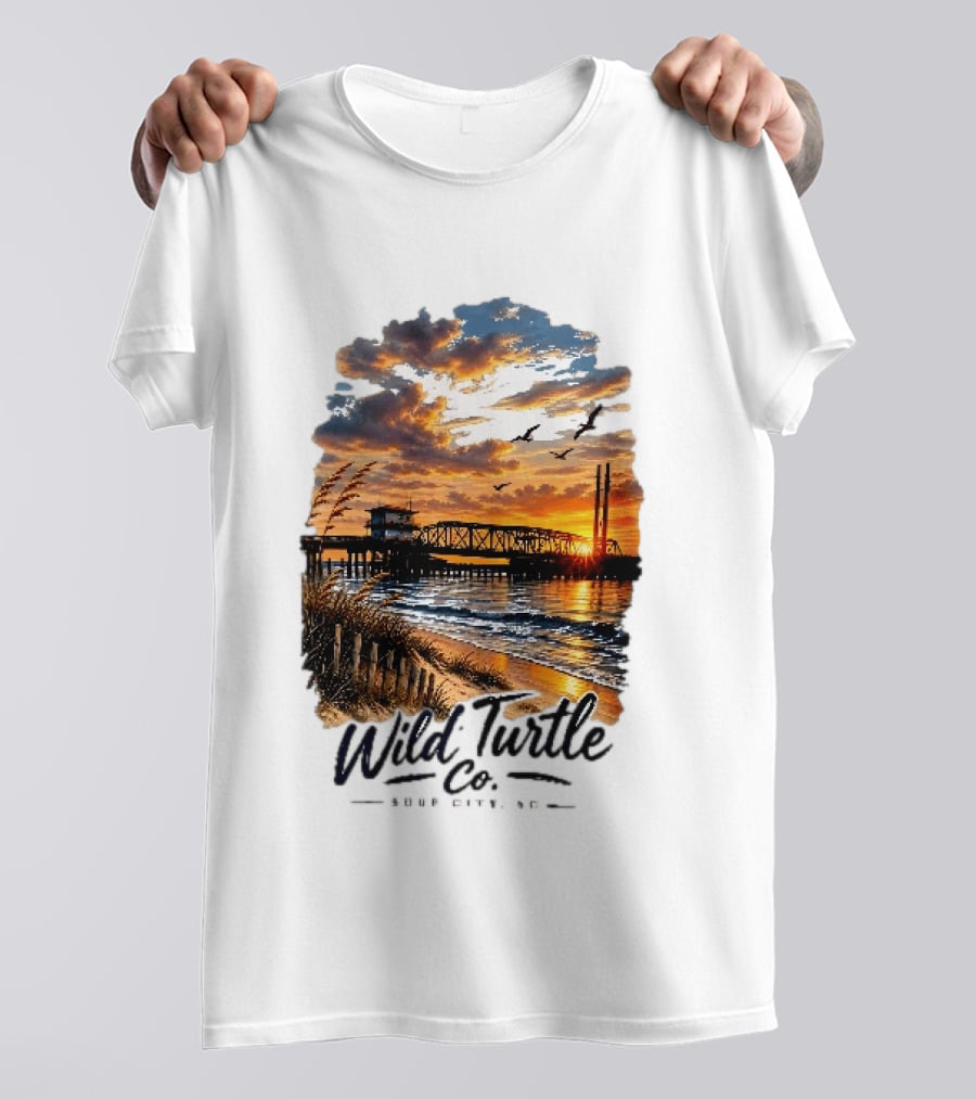 Wild Turtle Co Surf City NC Beach Dunes Pier Sunset Flying Birds T-Shirt