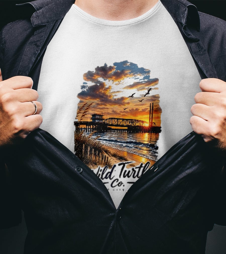 Wild Turtle Co Surf City NC Beach Dunes Pier Sunset Flying Birds T-Shirt