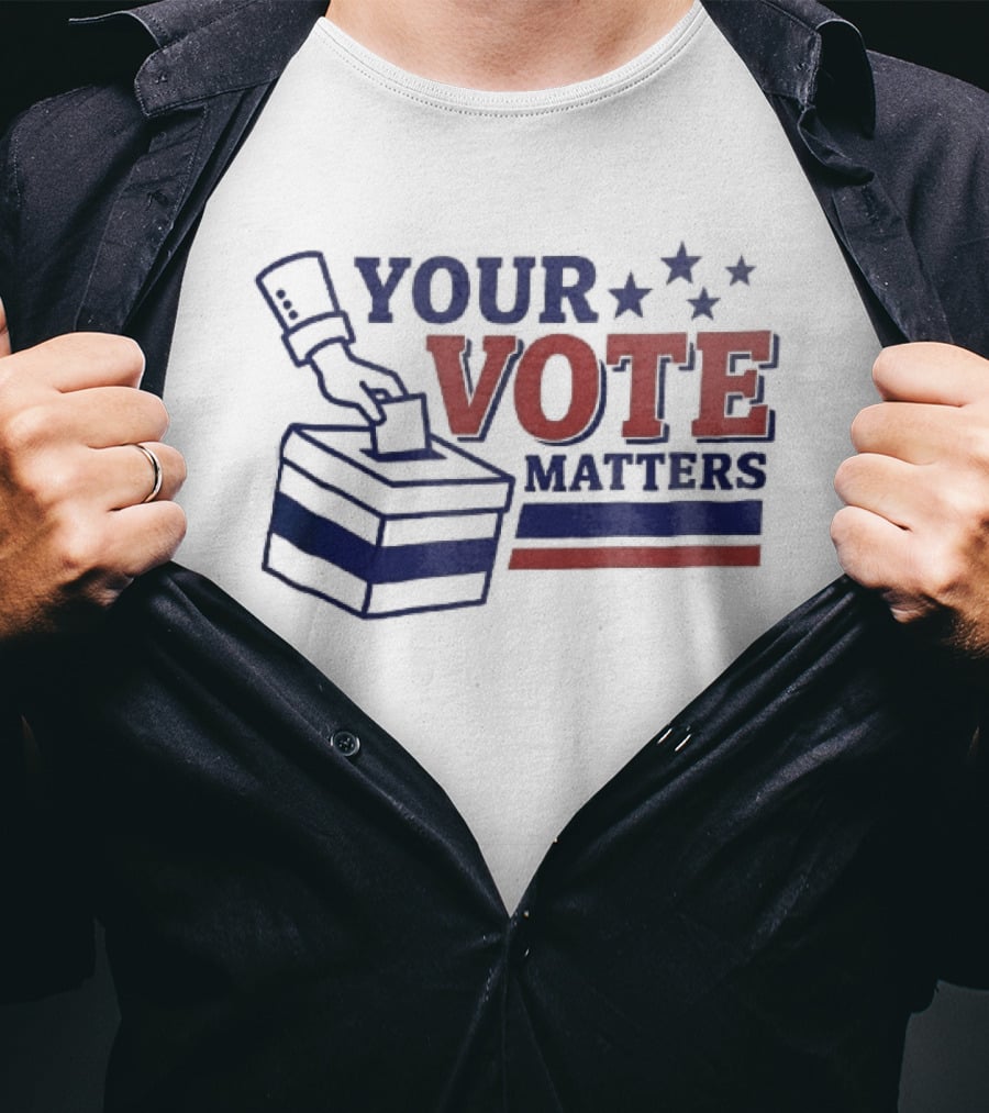 Your Vote Matters Hand Dropping Ballot Box Four Stars Red Blue Stripes T-Shirt