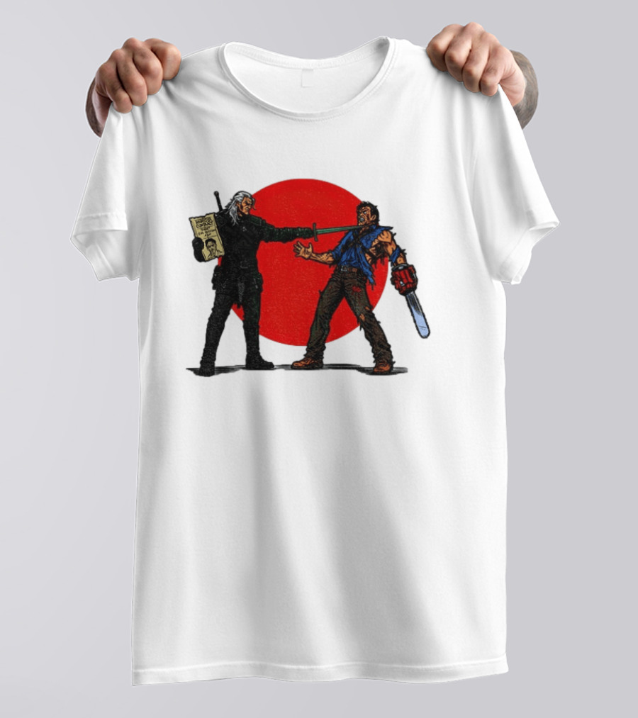 Geralt Vs Ash Evil Dead Or Alive Red Circle Showdown T-Shirt