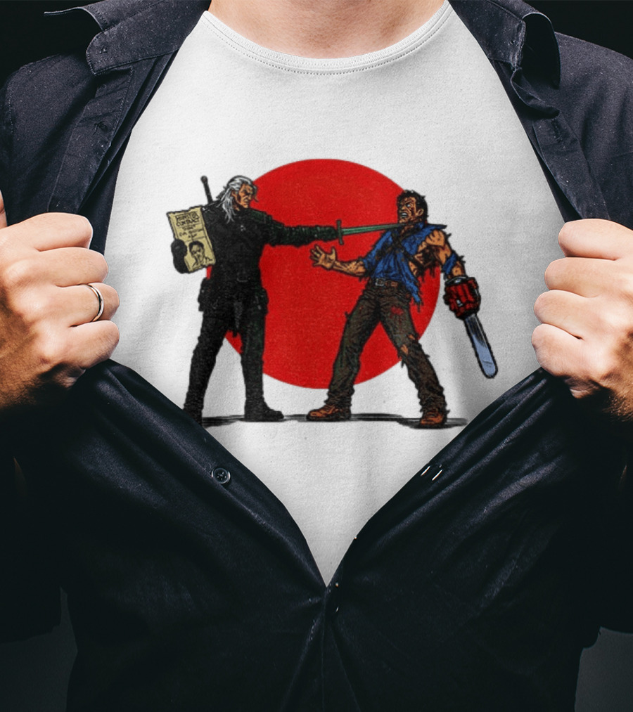 Geralt Vs Ash Evil Dead Or Alive Red Circle Showdown T-Shirt
