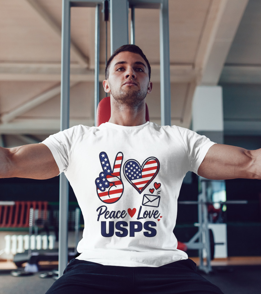 Peace Love USPS American Flag Heart And Mail T-Shirt
