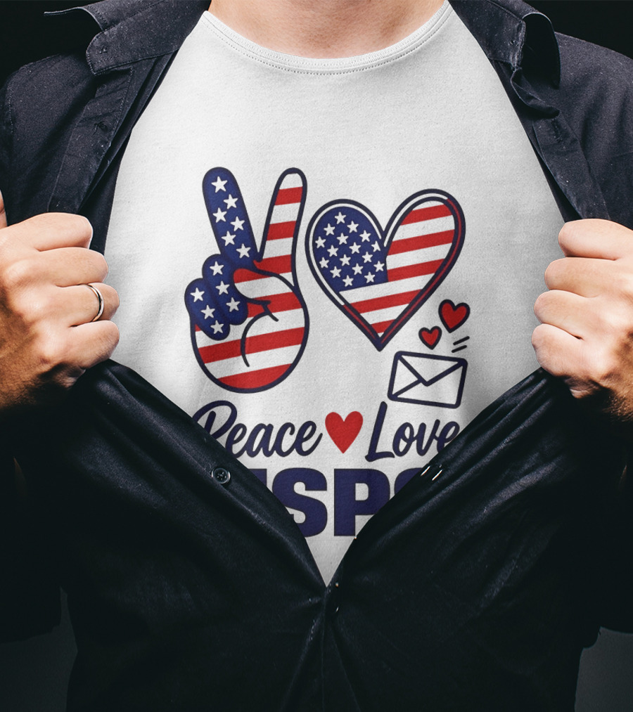 Peace Love USPS American Flag Heart And Mail T-Shirt