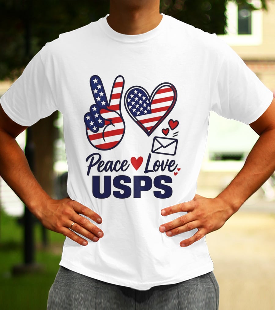 Peace Love USPS American Flag Heart And Mail T-Shirt