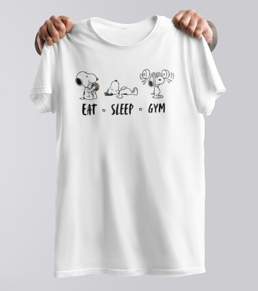 Peanuts Snoopy Eat Sleep Gym Hamburger Resting Barbell Cartoon Line T-Shirt