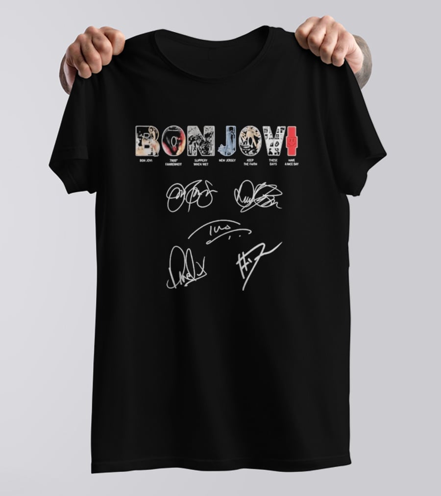 Bon Jovi Albums Cast Signatures Rock Band New Jersey Greatest Hits T-Shirt