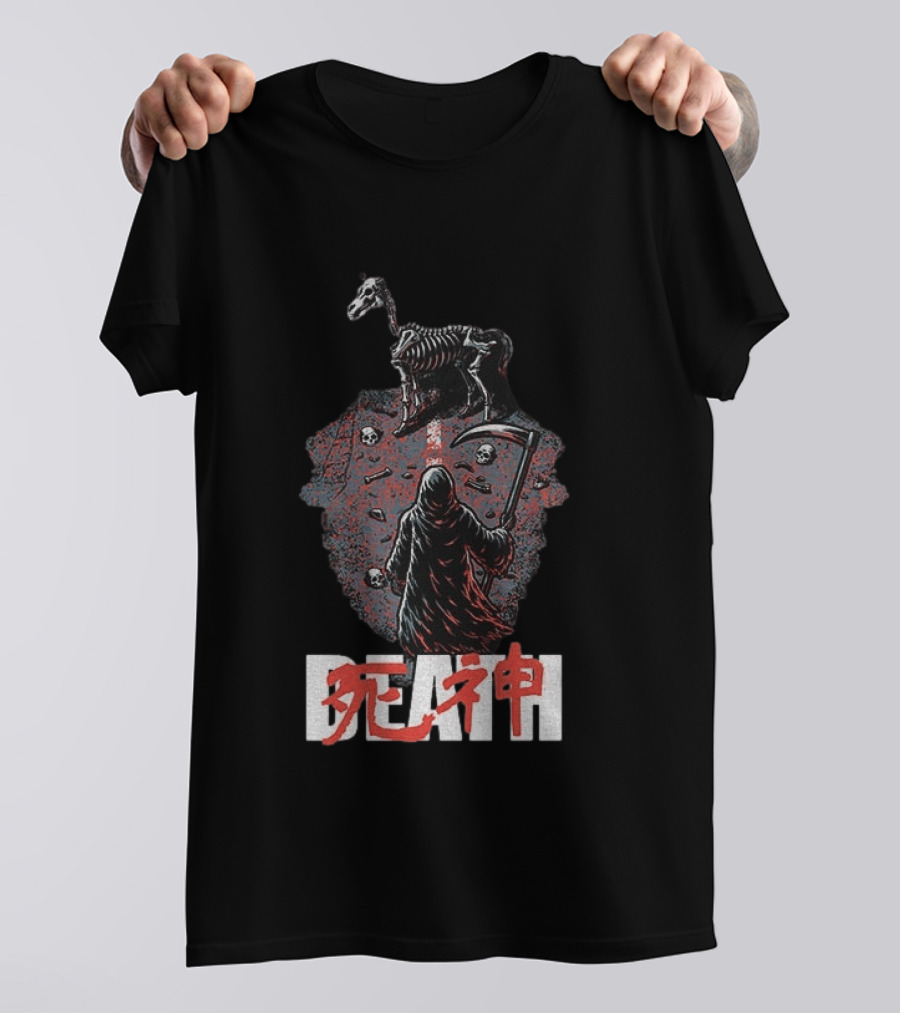 Grim Reaper Death Rider Japanese Kanji Skulls Scythe T-Shirt
