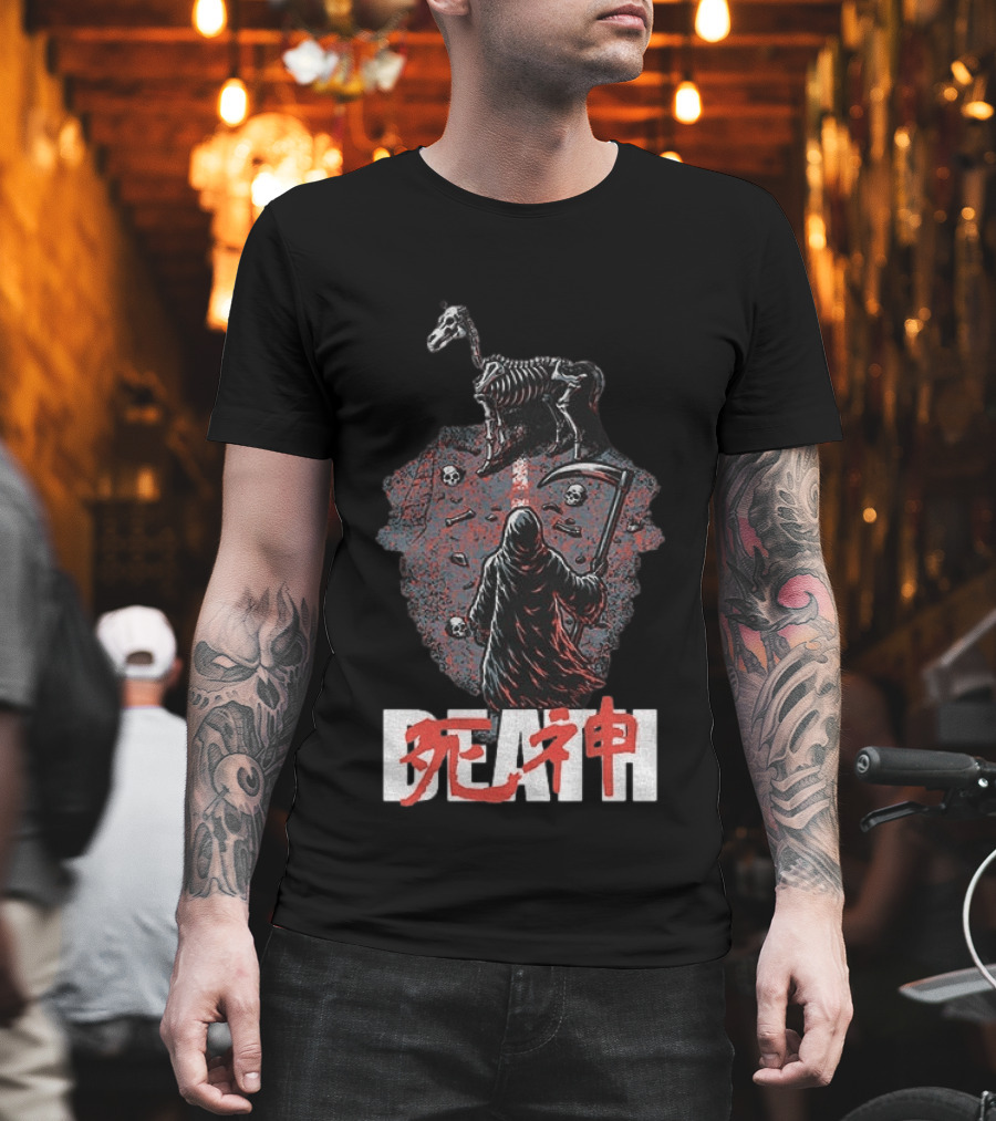 Grim Reaper Death Rider Japanese Kanji Skulls Scythe T-Shirt