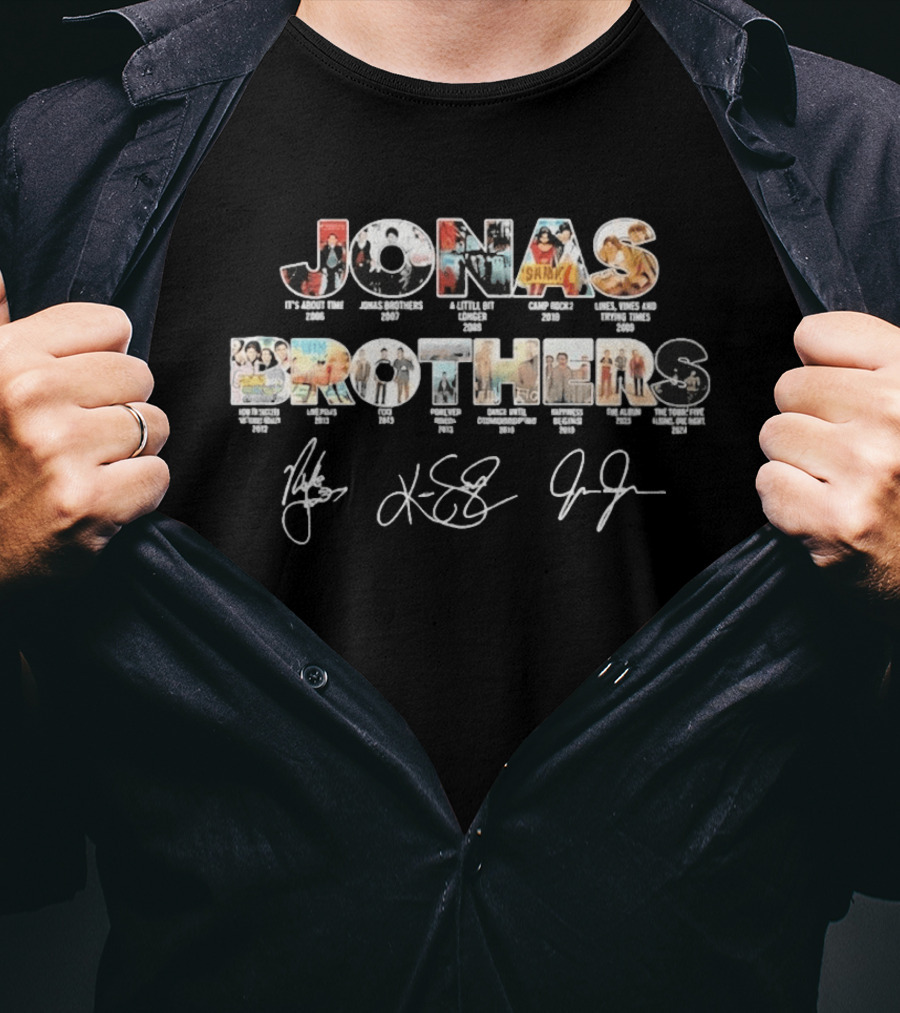 Jonas Brothers Discography Collage With Signatures And Album Releases T-Shirt